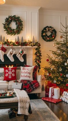 a living room decorated for christmas with presents