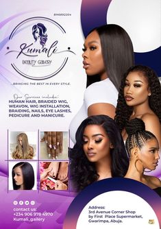 the flyer for an african hair salon with two beautiful women in white dresses and purple background