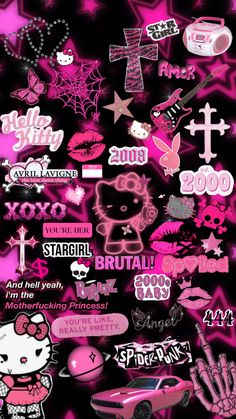 pink and black wallpaper with hello kitty stickers