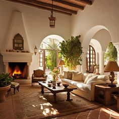 a living room filled with furniture and a fire place in the middle of an open floor plan