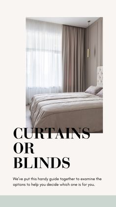 an advertisement for curtains or blinds with a bed in the foreground and curtained window behind it