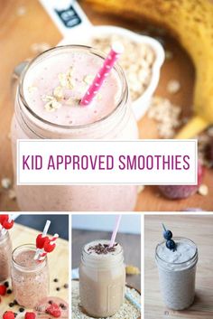 the cover of smoothies for kids is shown with pictures of bananas and other foods