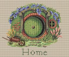 a cross stitch pattern with an image of a green hobbot door and wheel