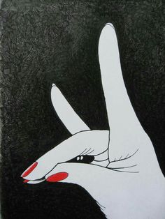 a drawing of a hand with red nail polish holding up the peace sign on black background