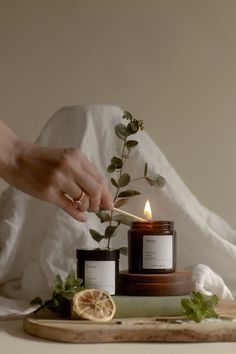 a person lighting a candle on top of a cutting board with lemon slices and leaves