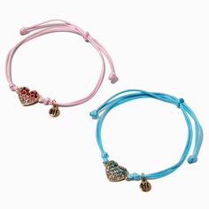 There is a lot to love about this best friends bracelet set. The two pack includes a blue and a pink adjustable bracelet each with an ombre pave heart pendant with "BFF" charm. Pack Size: 2Adjustable fitClosure: BoloMaterial: Plastic - Claire's Best Friends Ombré Pavé Heart Adjustable Bracelets - 2 Pack Adjustable Heart Charm Bracelet For Best Friend, Adjustable Bracelet With Heart Charm For Best Friend, Adjustable Friendship Bracelets With Heart Charm, Trendy Blue Jewelry For Best Friend, Trendy Adjustable Heart Bracelet For Valentine's Day, Adjustable Casual Heart Bracelet For Valentine's Day, Trendy Pink Jewelry With Adjustable Cord, Adjustable Heart Charm Friendship Bracelets, Trendy Personalized Adjustable Heart Bracelet