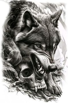 a wolf with its mouth open next to a skull