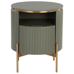 the round side table with gold trimmings and an open shelf on one end