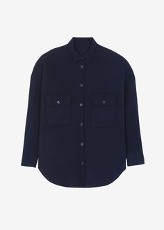 Color: Navy Lightweight wool blend fabric Oversized fit Pointed collar Drop shoulders Enlarged pocket detailing Button cuffs Curved hem Front button closure Unlined 80% Wool 20% Polyamide Dry Clean By The Frankie Shop. Imported Drop Shoulder, Oversized Fits, Wool Blend, Sleeve Length, Navy, Wardrobe, Wool, Fabric, How To Wear