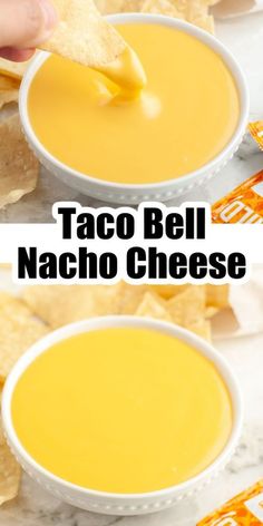 two pictures showing how to make taco bell nacho cheese dip with tortilla chips