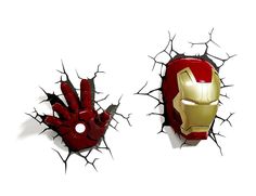 the iron man mask and glove are on display in this set of two wall lights