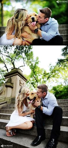 a man and woman kissing while sitting on steps with their dog in front of them