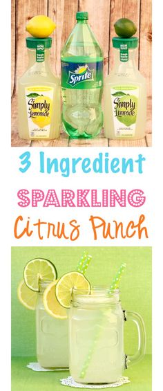 three ingredients for sparkling citrus punch in mason jars with lemons and limeade on the side