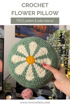 a crochet flower pillow is shown with the text, free pattern and video instructions