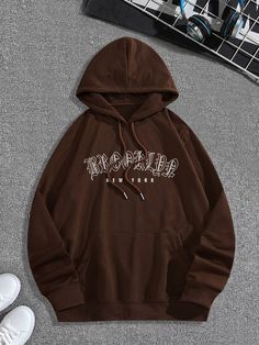 Coffee Brown Casual Collar Long Sleeve Fabric Letter Pullovers Embellished Slight Stretch Spring/Fall Men Hoodies & Sweatshirts Men Sweatshirts, Brown Hoodie, Man Fashion, Painted Clothes, Coffee Brown, Zipper Hoodie