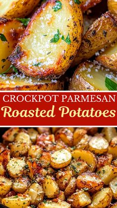 Slow Cooker & Crockpot Recipes: Crockpot Parmesan Roasted Potatoes (Christmas Recipe & Thanksgiving Recipe) Red Potato Crock Pot, Crockpot Roasted Potatoes Easy Recipes, Crockpot Red Skin Potatoes, Potatoes Thanksgiving Recipes, Slow Cooker Parmesan Potatoes, Potatoes In The Crockpot Slow Cooker, Easy Party Potatoes Recipe, Christmas Brunch Potatoes, Crockpot Parmesan Roasted Potatoes