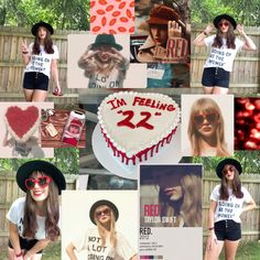 a collage of photos with the same person in red and white, including two women