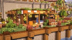 Minecraft Building Ideas Wood, Minecraft Market Stand, Medieval Butcher Shop Minecraft, Minecraft Cottagecore Restaurant, Minecraft Medieval Greenhouse, Medieval Shop Minecraft, Minecraft Medieval Market, Town Square Minecraft, Minecraft Stores Ideas