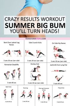 a woman doing yoga poses with the text crazy results workout for summer big bums you'll turn heads