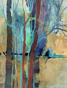 an abstract painting of trees in the woods