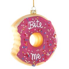 a pink donut ornament with sprinkles that says bite me