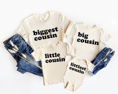 Matching Cousin Shirts and Baby Bodysuits **Items are sold individually so you can mix&match sizes and phrases* (For all 4 shirts,  add 4 items to your cart!)   5 Design Options to Choose from  biggest cousin / big cousin / little cousin / littlest cousin / newest cousin Great for family photos, birthdays, trips, new baby announcements, adoption announcements, holidays and more. ♡ HOW TO ORDER: 1. Select Size and Design using the drop down menu. 2. Click Add to Cart. 3. Once all items are added, New Cousin Announcement, Cousin Pregnancy Announcement, Cousin Tshirts, Cousin Announcement, Off White Tshirt, Matching Cousin Shirts, Cousin Crew Shirts, Adoption Announcements, Cousin Shirts