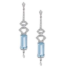 Platinum Diamond Aquamarine Drop Earrings Earrings Curated by H Shop Layout, Style Deco, Van Cleef, Art Deco Inspired, Inspiration Art, Ear Jewelry, Selling Jewelry, Deco Style, Handmade Earrings