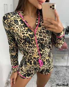 Color: Leopard, Size: L Comfortable Pajamas, Chic Type, Print Pajamas, Long Sleeve Pyjamas, Online Fashion Stores, Bold Fashion, Olivia Mark, Cheetah Print, Women Lingerie