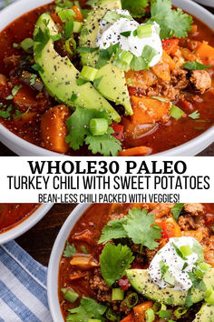 whole30 turkey chili Whole Foods Sweet Potato Recipe, Whole30 Chili, Turkey Sweet Potato Chili, Turkey Sweet Potato, 30 Minute Meals Healthy, Potato Chili, Paleo Chili, Beef Chili Recipe, Whole30 Dinners