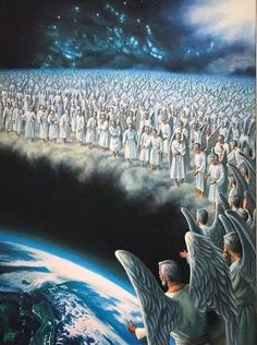 an image of many people standing in front of the earth