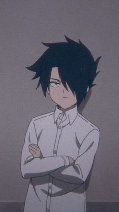 an anime character standing with his arms crossed in front of him, wearing a white shirt and black hair