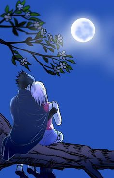 two people sitting on a tree branch looking at the moon