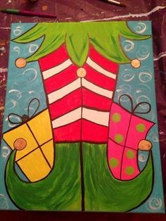 a painting of a christmas tree with presents on it