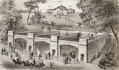 an old black and white drawing of people in front of a building with horses pulling carriages