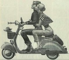 a man and woman riding on the back of a scooter