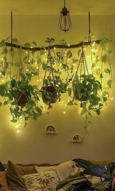 a living room with plants hanging from the ceiling and lights on the wall above it