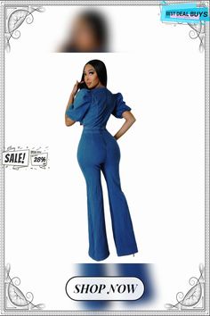 Women's Ruched Balloon Sleeves Puff Sleeves Fashion Casual Sexy Denim Cutout Jumpsuit Casual Fitted Denim Jumpsuit For Party, Fitted Denim Jumpsuit For Party, Fitted Solid Color Jumpsuits And Rompers With Puff Sleeves, Trendy Fitted Jeans In Solid Color, Fitted High Waist Denim Jumpsuit For Night Out, Trendy Fitted High Waist Jumpsuits And Rompers, Trendy Fitted High-waist Jumpsuits And Rompers, Trendy High Waist Denim Jumpsuit For Party, Spring Stretch Denim Jumpsuit For Night Out