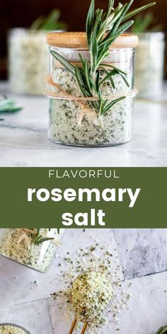 rosemary salt in a glass jar with two spoons next to it and the words, flavorful rosemary salt