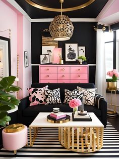 a black and pink living room with gold accents