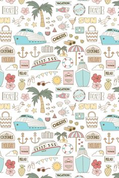 Fun summer cruise illustrations with cruise ships, palm trees, cocktails, tropical fish in lovely pastel colours. Cruise Ship Doodle, Cocktail Pattern Illustration, Summer Images Clipart, Cruise Journal Ideas, Cruise Doodle, Thailand Scrapbook, Cruise Ship Drawing, Cute Summer Doodles, Cruise Drawing