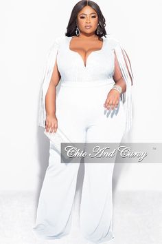 Final Sale Plus Size Fringe Shoulder Faux Wrap Sequin Jumpsuit Ivory – Chic And Curvy Plus Size Sequin Jumpsuit, Plus Size Sequin, Chic And Curvy, Sequin Jumpsuit, Plus Size Outfits, Final Sale, Jumpsuit Romper, Sequin, Jumpsuit