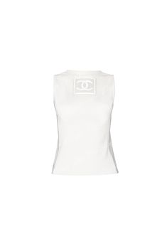 Chanel Grey White CC Logo Back Sleeveless Top White Classic Tank Top, Classic White Sleeveless Tank Top, White Cotton Athleisure Vest, White Sleeveless Top With Logo Print, Sporty Fitted White Vest, Vintage Chanel Clothing, Chanel Outfit, Chanel Brand, Roses Vintage