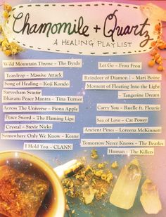 there is a cup of tea next to the chart for chamomile and quartzs