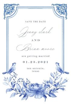 a wedding card with blue flowers and birds on the front, in an ornate frame