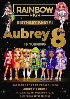 a birthday party flyer with dolls on it