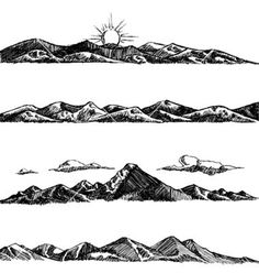 four mountains with snow and sun in the sky, hand drawn illustration on white paper