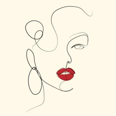 a drawing of a woman's face with red lipstick and large hoops on her head