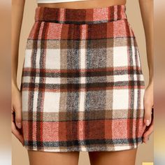 Mad For Plaid Cream And Orange Plaid Mini Skirt Size Large Never Worn Orange Casual Mini Skirt For Fall, Casual Orange Mini Skirt For Fall, Orange Skirt For Fall, Orange Fall Skirt, Lulu Skirt, Metallic Midi Skirt, Navy Mini Skirt, Green Maxi Skirt, Suede Pencil Skirt