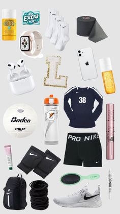 an assortment of items that include shoes, socks, and sports gear are arranged on a white background