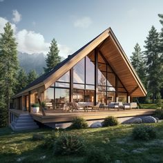 a large wooden house sitting on top of a lush green field next to a forest